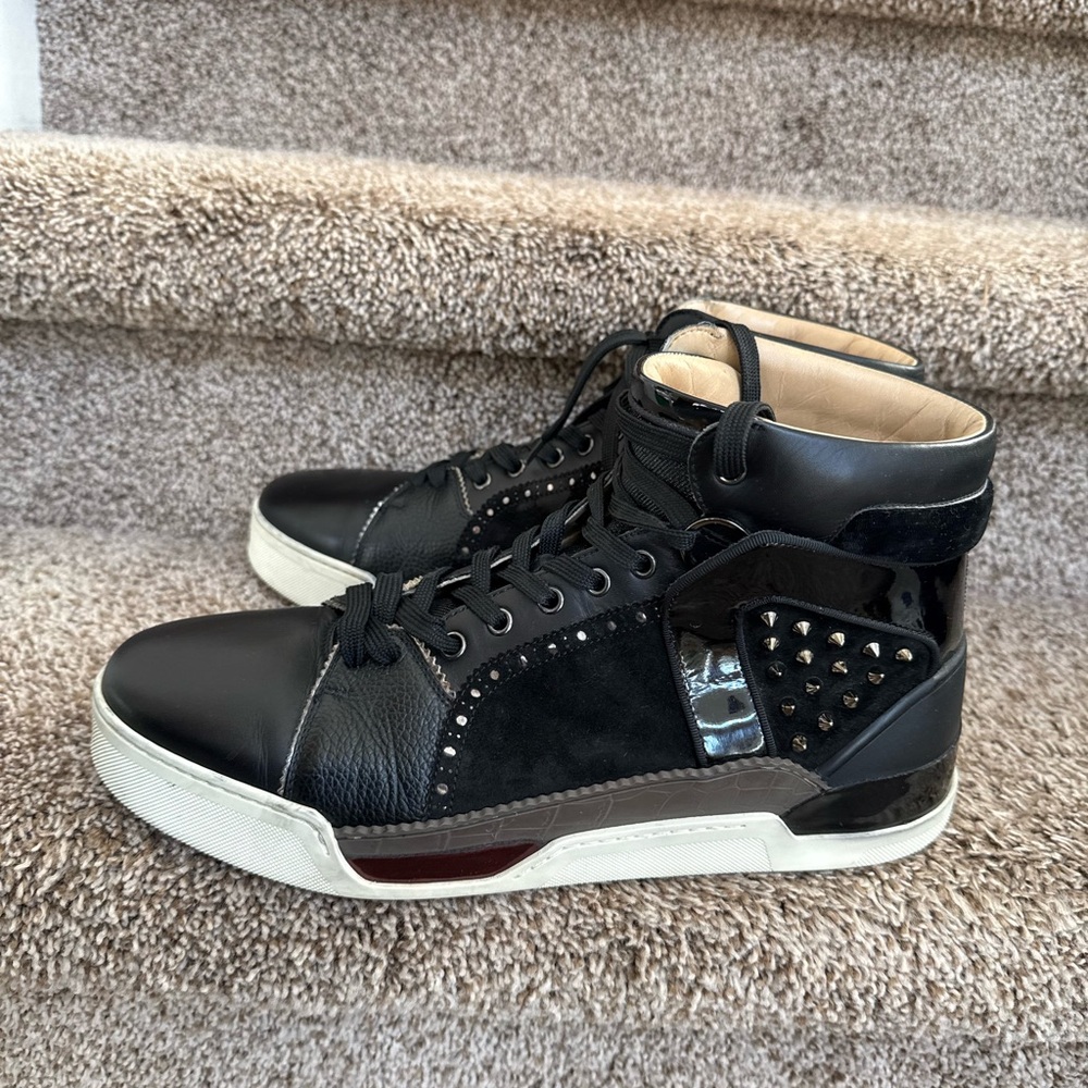 Christian Louboutin Men’s Black High-Top Leather/Suede Studded Trim Sneakers